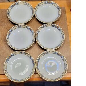 Demonte Coupe Soup Bowl Set of 6 White Porcelain Blue Fruit Gold Trim 7.5"